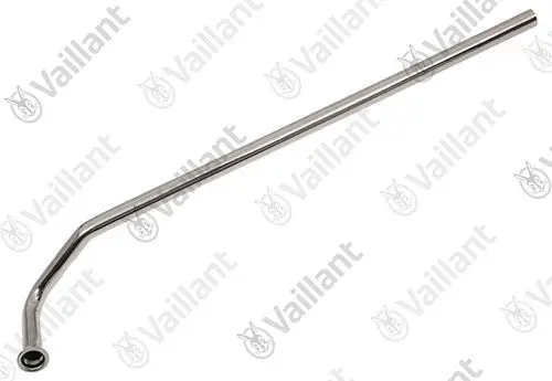 Vaillant Rohr mit einer gebogenen Form, meist verwendet in Heizungs- oder Speicheranwendungen. Edelstahloptik, fließender Übergang zur Anschlussöffnung.